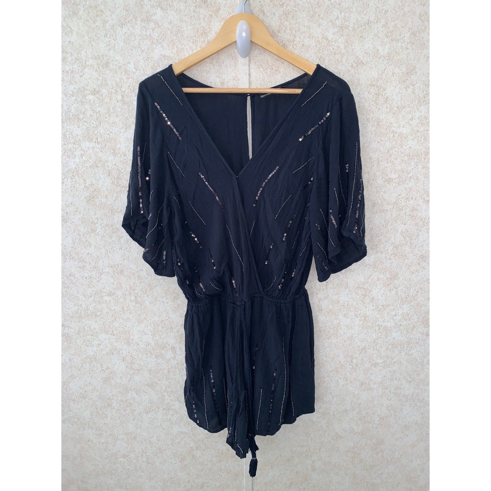 Abercrombie & Fitch Black Sequin Striped Surplice Romper Womens Size Large L